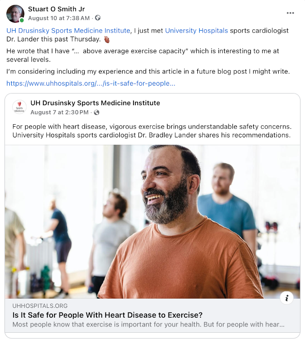 On August 10, 2024 - I shared again the University Hospitals article about Dr. Lander's tips for safe exercise for people with heart disease. On August 10, 2024 - I shared again the University Hospitals article about Dr. Lander's tips for safe exercise for people with heart disease.